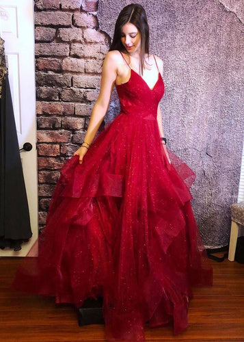 Sparkly Burgundy Spaghetti Straps Long Prom Dresses