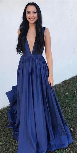 Dark Navy Cut low Long Prom Dresses Evening Dress