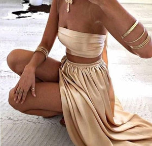 Two Piece Slit Side Prom Dresses Tie Back