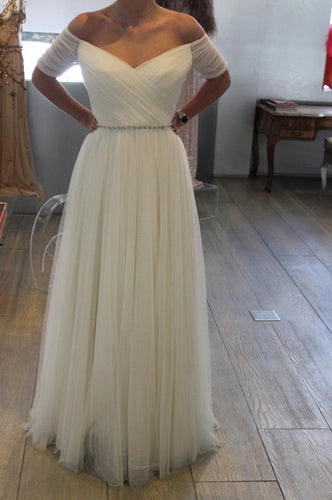 V Neck Tulle Wedding Dresses Bridal Gown with Short Sleeves
