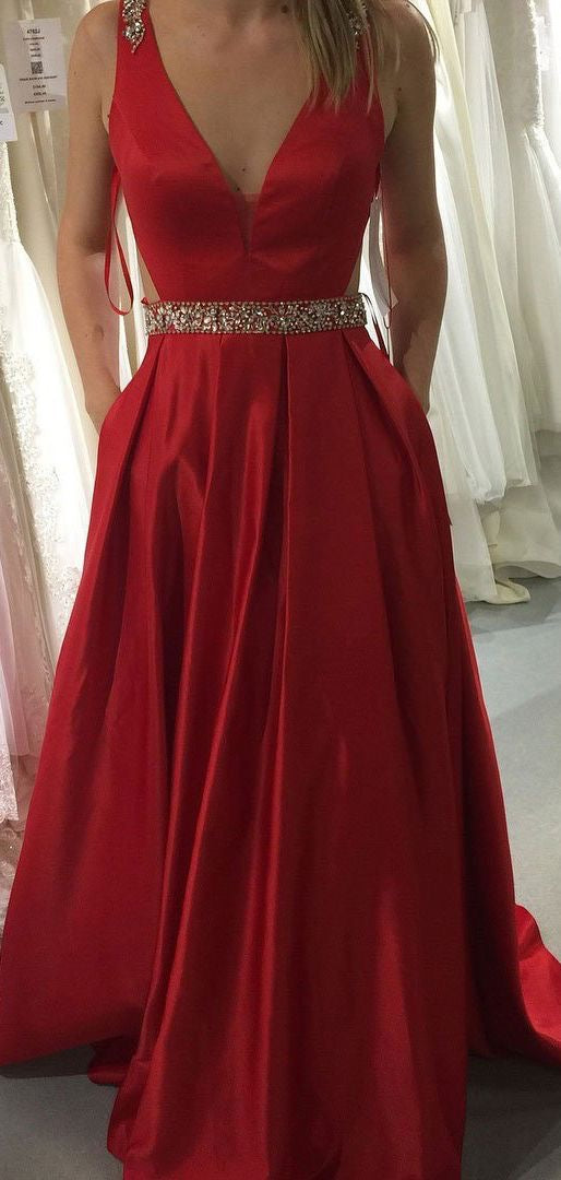 V Neck Long Prom Dresses with Pockets