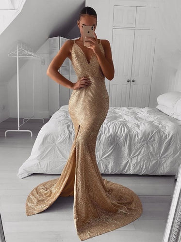 Spaghetti Straps Slit Side Prom Dresses