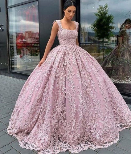 Square Lace Long Prom Dresses