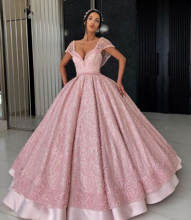 V Neck  Pink Long Prom Dresses Princess Gown Birthday Gown