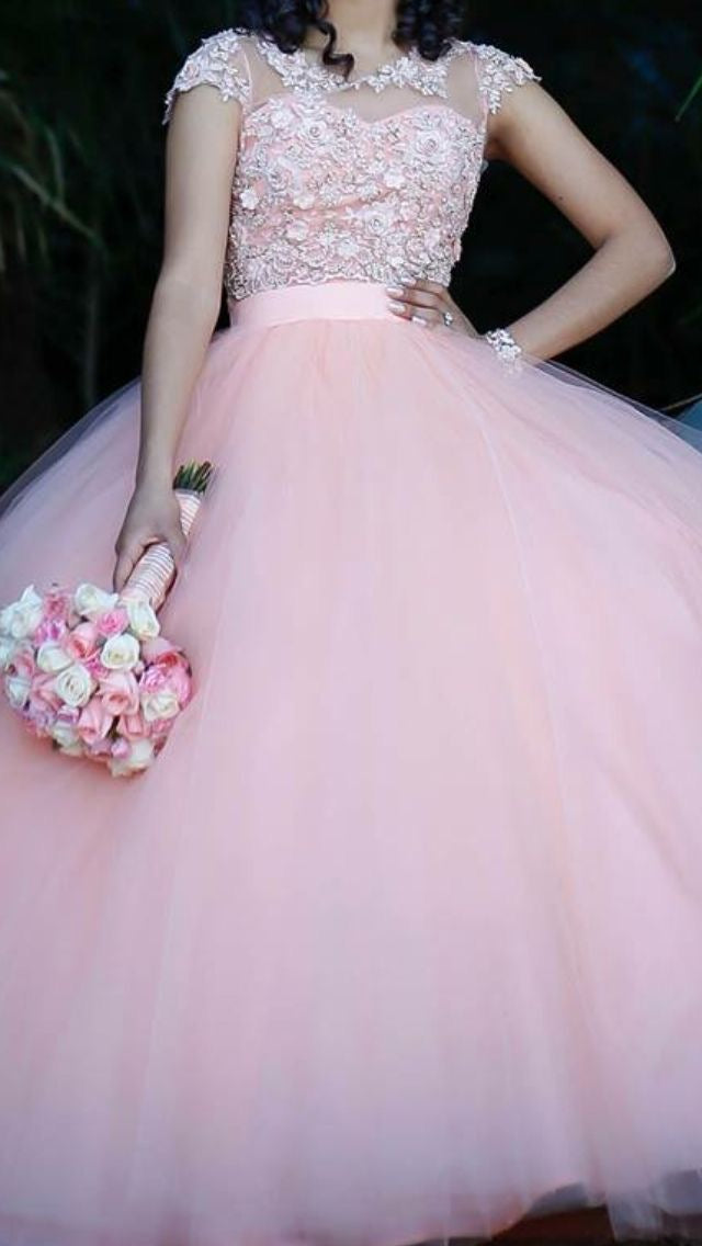 Cap Sleeves Pink Prom Dresses Tulle