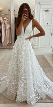 Load image into Gallery viewer, V Neck Wedding Dresses Bridal Gown with 3D Flowers