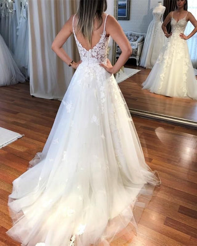 Spaghetti Straps Tulle Wedding Dresses Bridal Gown with Appliques