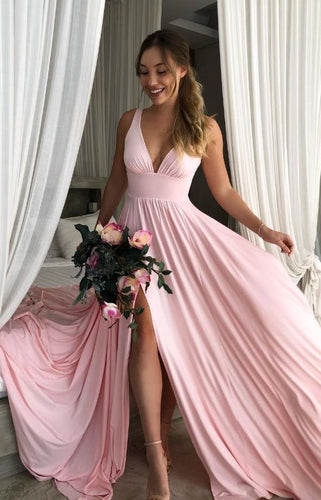 Deep V Neck Long Pink Bridesmaid Dresses for Wedding