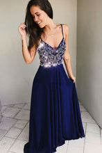 Load image into Gallery viewer, Spaghetti Straps Chiffon Long Chiffon Prom Dresses with Sparkly Beaded