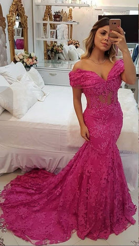 Off the Shoulder Fuchsia Long Prom Dresses with Lace