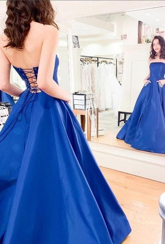 Strapless Lace UP Long Prom Dresses with Pockets