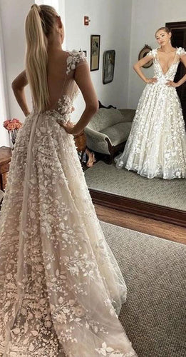 Deep V Neck Wedding Dresses Bridal Gown with Appliques