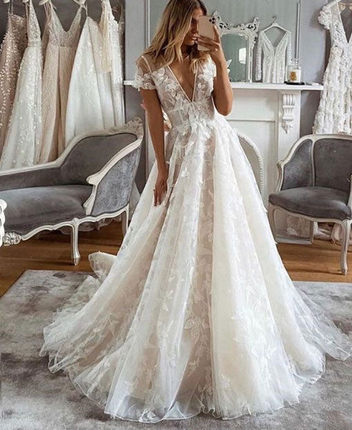 Deep V Neck Wedding Dresses Bridal Gown with Appliques Lace