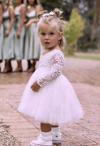 Tea Length White Flower Girl Dresses with Sleeves