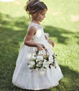 Sheer Neck Floor Length Flower Girl Dresses with Appliques