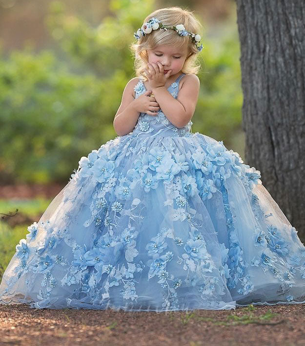 Blue Flower Girl Dresses with 3D Flowers Birthday Gown