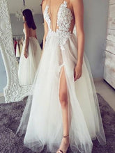 Charger l&#39;image dans la galerie, Deep V Neck Split Wedding Dresses Bridal Gown with Appliques