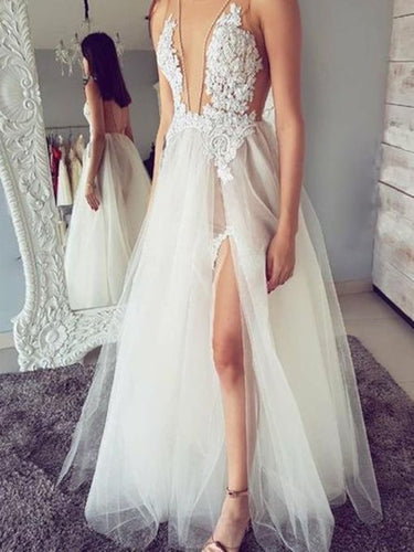 Deep V Neck Split Wedding Dresses Bridal Gown with Appliques