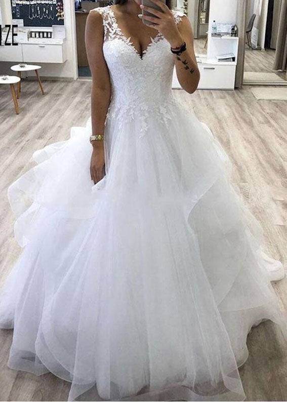 V Neck Wedding Dresses Bridal Gown with Appliques