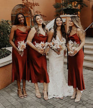 Load image into Gallery viewer, Spaghetti Straps Tea Length Burnt Orange Bridesmaid Dresses