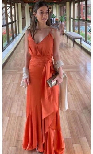 Orange Long Prom Dresses Spaghetti Straps