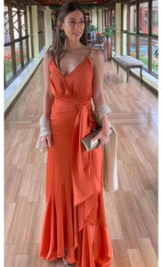 Orange Long Prom Dresses Spaghetti Straps