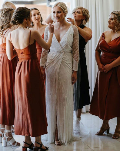 Spaghetti Straps Ankle Length Bridesmaid Dresses Burnt Orange