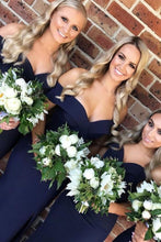 Load image into Gallery viewer, Off the Shoulder Navy Blue Bridesmaid Dresses with Split Side