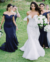 Load image into Gallery viewer, Off the Shoulder Solid Navy Blue Bridesmaid Dresses