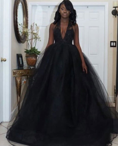 Halter Backless Black Prom Dresses V Neck