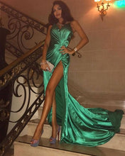 Load image into Gallery viewer, Spaghetti Straps Green Long Prom Dresses Slit Side