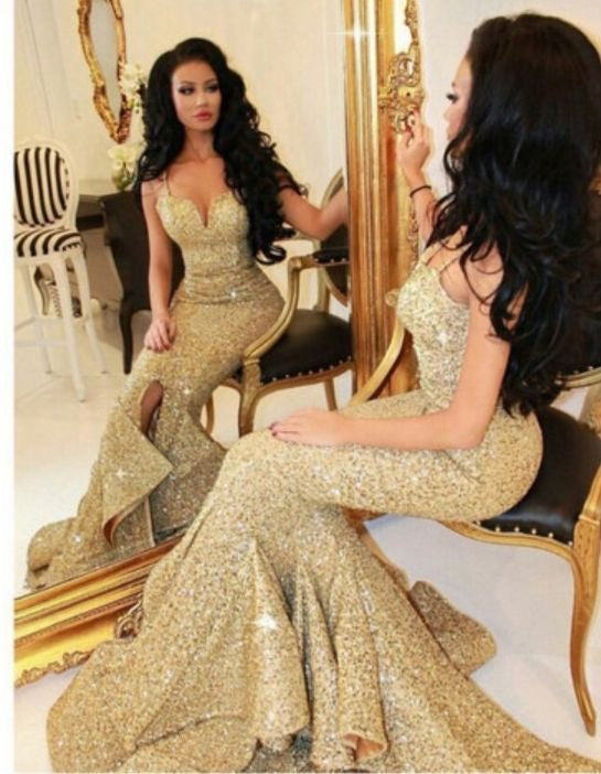 Sparkly Sequins Mermaid Spaghetti Straps Prom Dresses