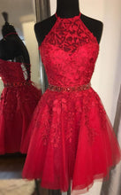 Laden Sie das Bild in den Galerie-Viewer, Halter Tulle Short Homecoming Dresses with Appliques Lace