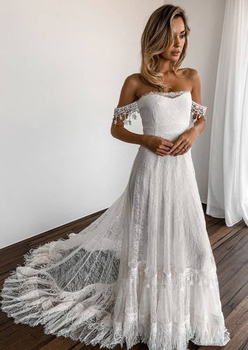 Off the Shoulder Boho Lace Wedding Dresses Bridal Gowns