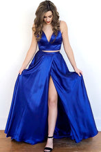 Load image into Gallery viewer, Two Piece V Neck Royal Blue Long Prom Dresses