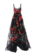 Charger l&#39;image dans la galerie, Spaghetti Straps Black Tulle Garden Prom Dresses with Flowers