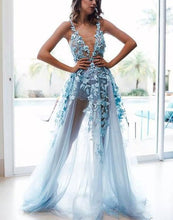 Charger l&#39;image dans la galerie, Spaghetti Straps Ice Blue Pants Prom Dresses with Appliques