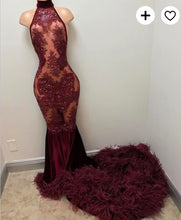 Load image into Gallery viewer, Sexy Burgundy Mermaid Long Prom Dresses Evening Dress with Feather