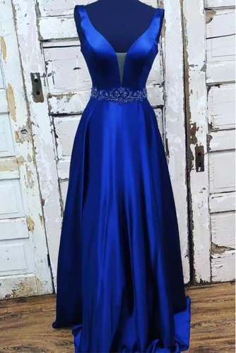 V Neck Royal Blue Prom Dresses Waist with Beaded