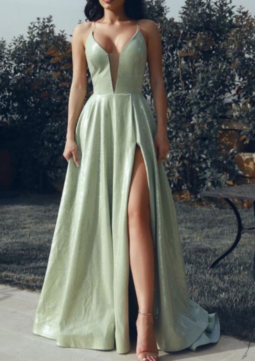 V Neck Prom Dresses Light Sage Green