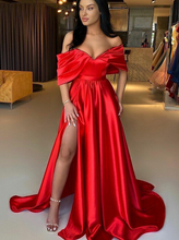 Load image into Gallery viewer, Red Off Shoulder Prom Dresses Slit