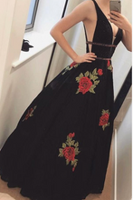 Load image into Gallery viewer, V Neck Prom Dresses with Flowers Appliqué