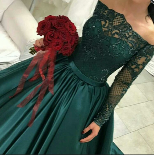 Dark Green Prom Dresses with Sleeves Beaded