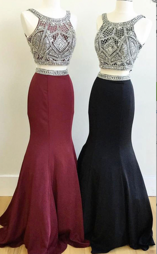 Two Piece Prom Dresses with Rhinestones Black/Burgundy