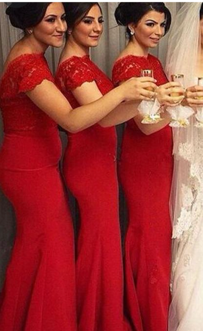 Red Bridesmaid Dresses Mermaid Lace