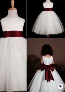 Floor Length Flower Girl Dresses with Burgundy Sash