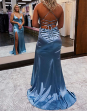 Cargar imagen en el visor de la galería, Dusty Blue Prom Dresses High Slit Evening Gown Criss Cross