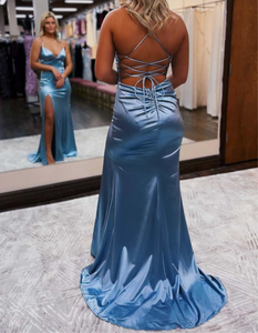 Dusty Blue Prom Dresses High Slit Evening Gown Criss Cross