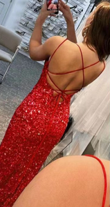 Red Spaghetti Straps Prom Dresses Slit Side Criss Cross