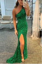 Load image into Gallery viewer, One Shoulder Sequins Green Prom Dresses Evening Gown Criss Cross